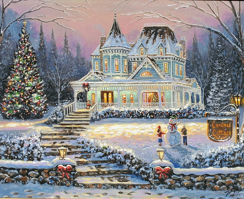 Holiday, Christmas, Christmas Lights, Christmas Tree, Cottage, Snowman, HD wallpaper