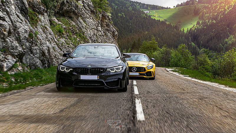 BMW et mercedes, black, road, yellow, HD wallpaper