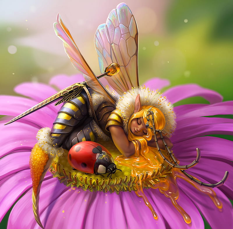 Beefairy, yellow, flower, pink, fairy, diane ozdamar, frumusete, superb, bee, ladybug, girl, green, gorgeous, HD wallpaper
