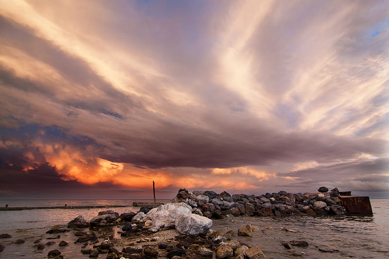 pile of stones near seashore under cloudy sky, HD wallpaper