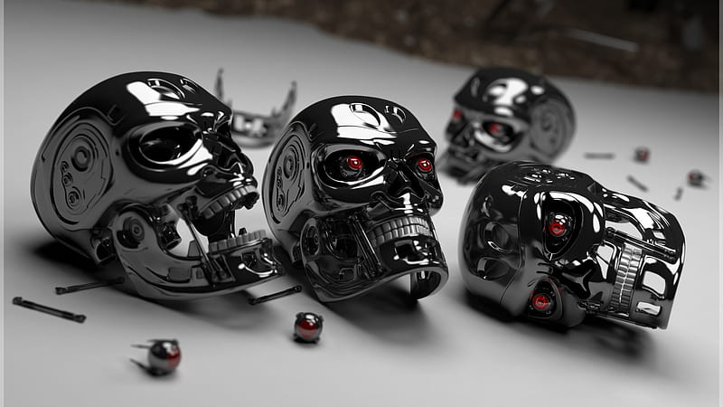 Terminator, metal, red eye, assemble, skull, shiny, HD wallpaper