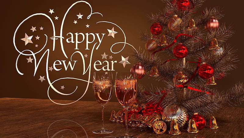 Happy New Year!, tree, cheers, balls, decoration, bonito, champagne, new year, happy, wine, HD wallpaper