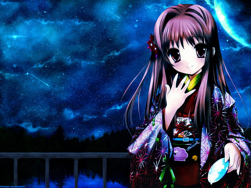 Mystic Midnight, cute, bonito, beauty, midnight, anime girl, kimono, sky, mystic, HD wallpaper
