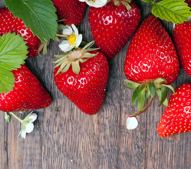 Strawberry, berries, flowers, fresh, leaves, wood, HD wallpaper