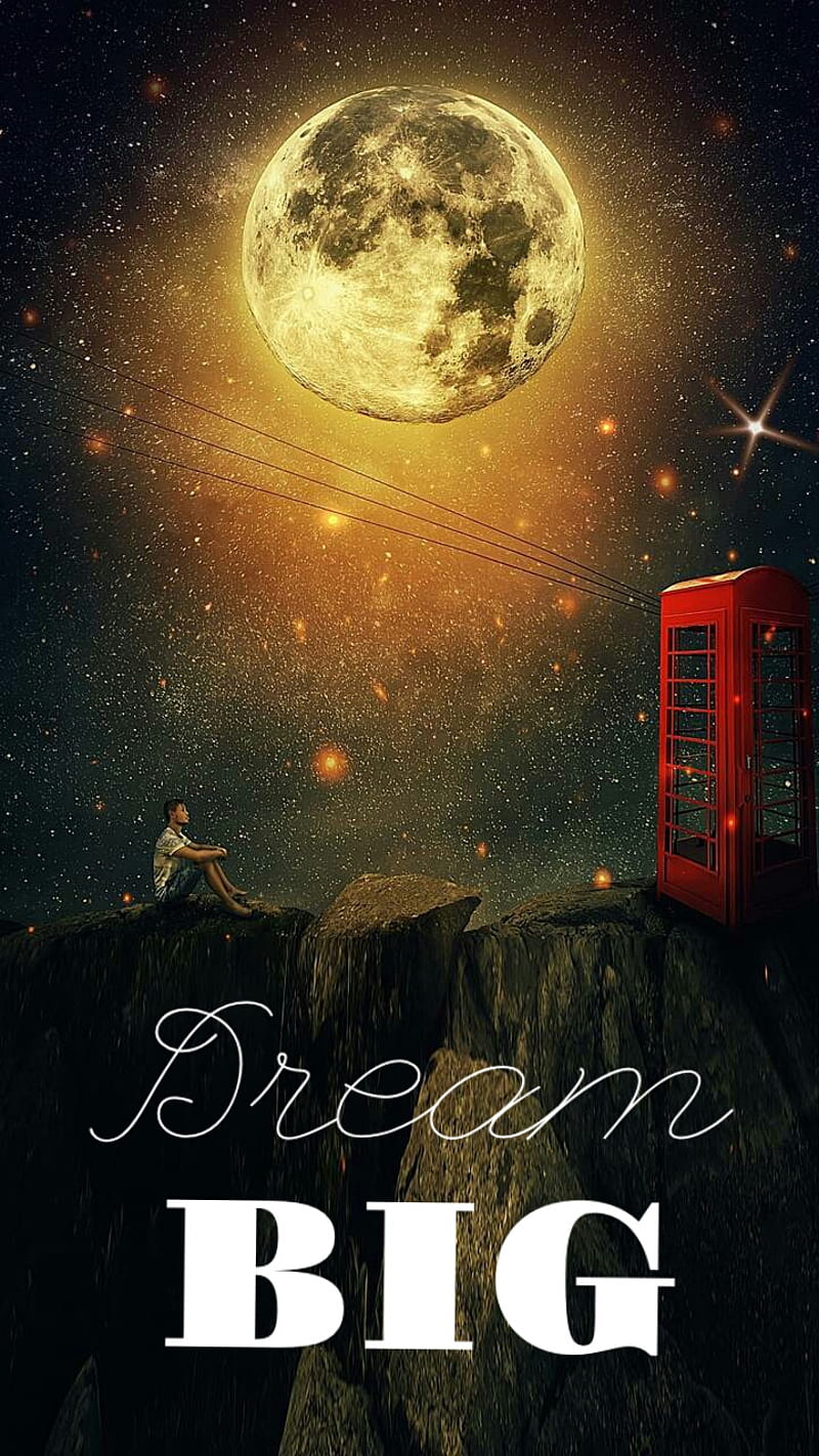 Big Dreams, dream big, starry sky, moon, telephone booth, boy, HD phone wallpaper