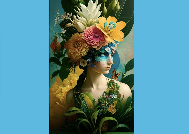 Fantasy woman - 3, woman, beauty, exceptional, CG, orange, AI art, fantasy, pretty, abstract, green, flowers, flowral, stunning, HD wallpaper