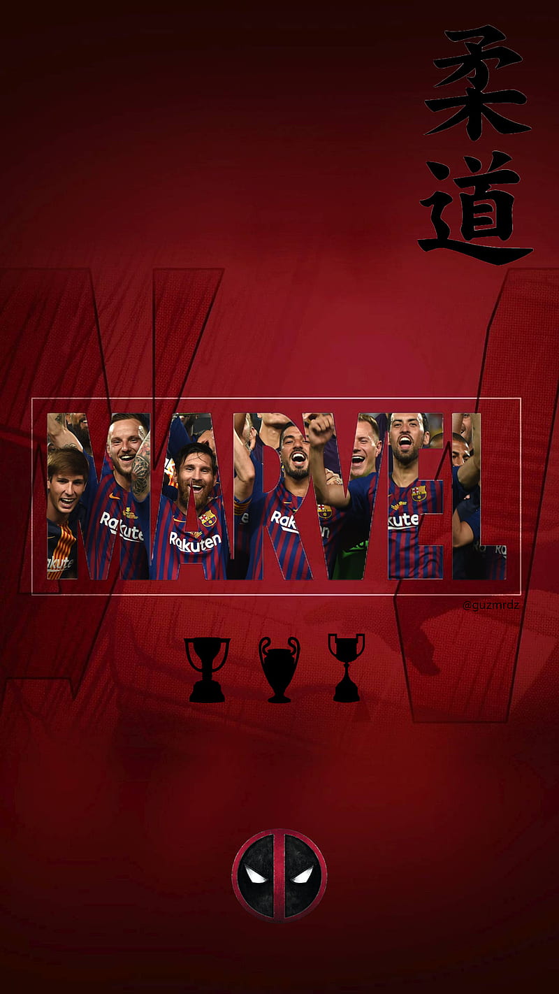 Barcelona-Marvel, badge, barcelona, deadpool, fc, judo, marvel, red, squad, team, triplete, HD phone wallpaper