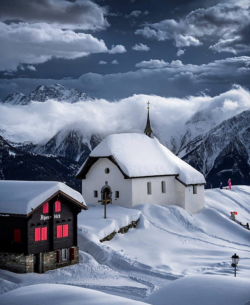 Swiss Alps, church, colors, fall, home, house, landscape, scenes, snow,  winter, HD phone wallpaper | Peakpx