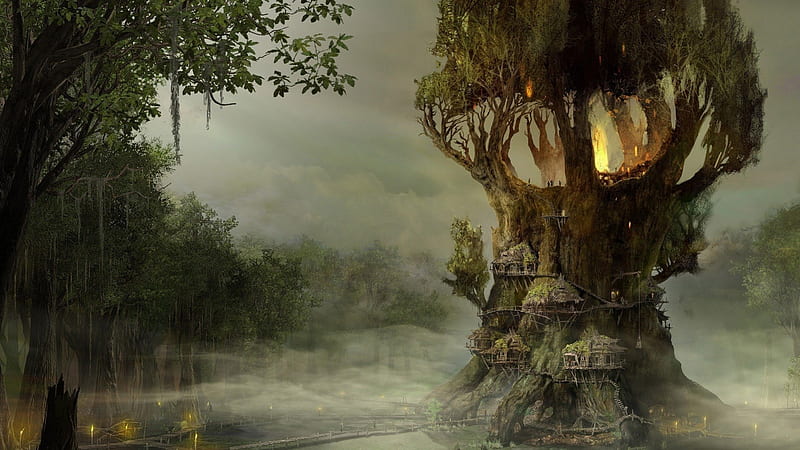 tree House, forest, art, fantasy, trees, artwork, mist, HD wallpaper
