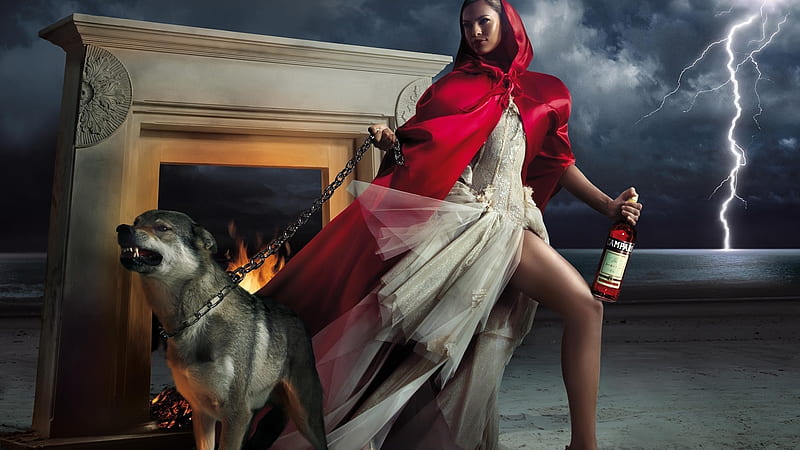 woman with dog, campari, lighting, bottle, wine, power, digital art, woman, beach, fireplace, lightning, girl, champagne, dog, HD wallpaper