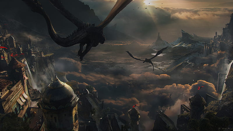 Fantasy, Dragon, Landscape, Mountain, HD wallpaper