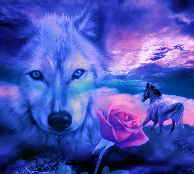 Wolf Spirit, wilderness, art, rose, mountains, horse, lake, HD wallpaper