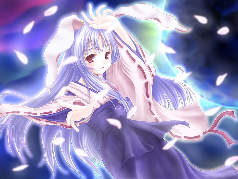 Anime Bunny Girl, rabbit, dress, glow, little, ears, colors, kimono, kid, come, girl, anime, bunny, petals, HD wallpaper