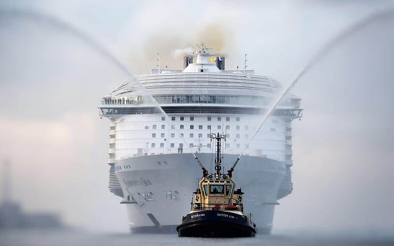 Harmony of the Seas, port, cruise ship, tug, Svitzer Alma, Royal Caribbean Cruises, HD wallpaper