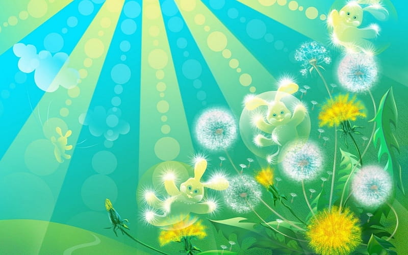 Sunny bunnies, yellow, sunny, spring, cute, dandelion, bubbles, flower, bunny, white, blue, HD wallpaper