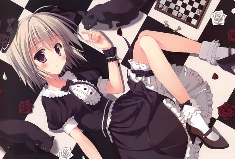 Playing Chess With The Cats, chess pieces, roses, black cats, short hair, girl, anime, petals, pretty dress, chess, HD wallpaper