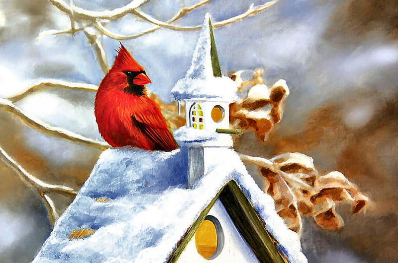 The Church Steeple - Bird FC, art, songbirds, bonito, illustration, artwork, animal, winter, bird, snow, avian, painting, wide screen, wildlife, nature, cardinal, HD wallpaper