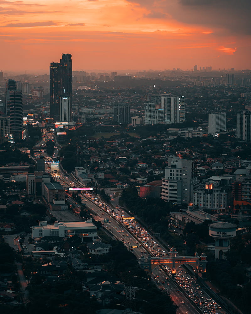 city, metropolis, aerial view, buildings, road, HD phone wallpaper