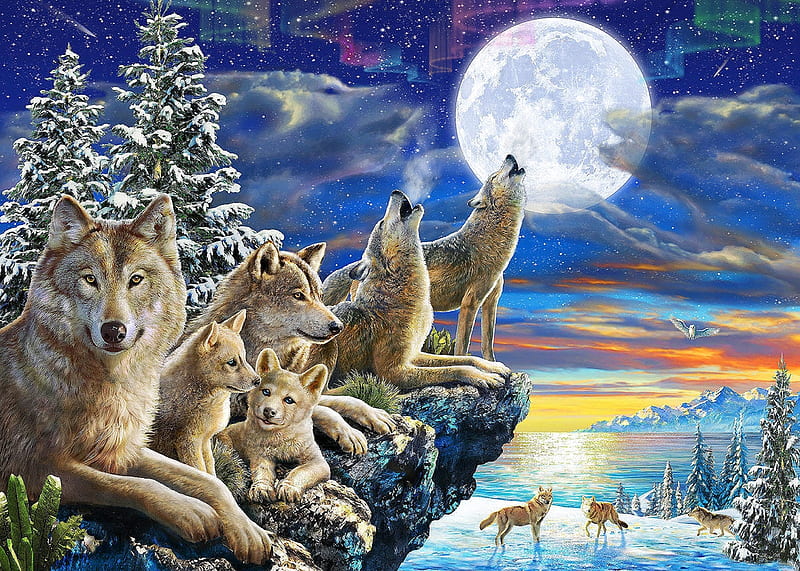 Moonlight, moon, adrian chesterman, lup, howl, wolf, night, frumusete, luminos, moon, fantasy, HD wallpaper