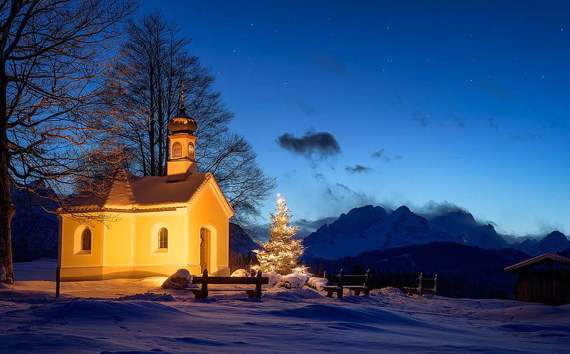 Religious, Chapel, Christmas, Christmas Tree, Church, Germany, Night, Snow, Winter, HD wallpaper