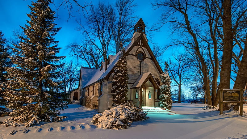 fantastic country church in winter, dawn, bell tower, church, trees, lights, winter, HD wallpaper