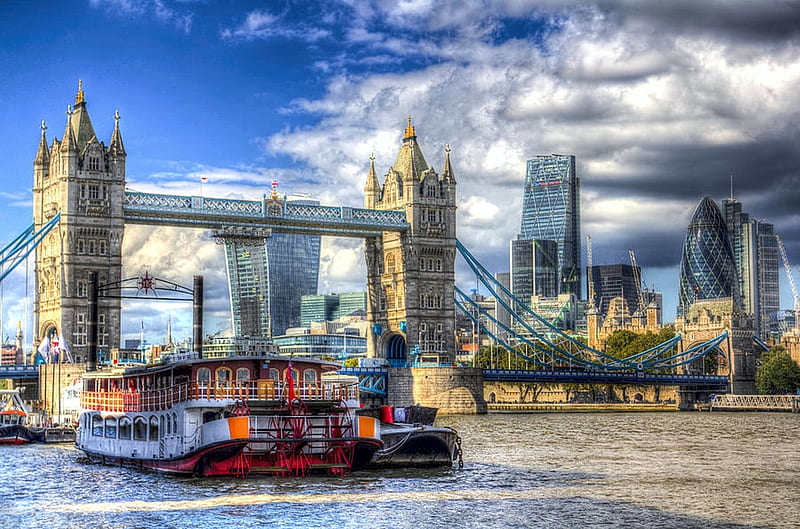 The City of London, River Thames, Paddle Steamer, buildings, Tower Bridge, clouds, sky, HD wallpaper