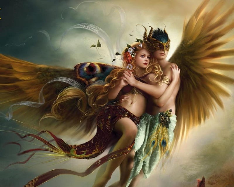 Eagleman and the Woman Take Flight, fliy, wings, man, winged, mask, woman, HD wallpaper