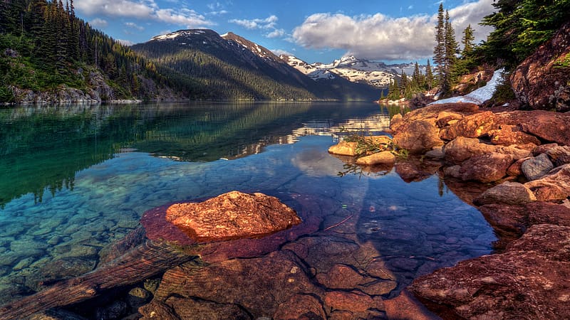 Lake Garibaldi, British Columbia, ater, clouds, landscape, trees, sky, mountains, canada, reflections, HD wallpaper