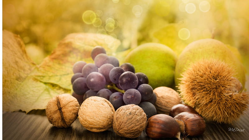 Natures Harvest, fall, autumn, chestnuts, grapes, fruit, leaves, bokeh, gold, green, walnuts, harvest, pear, acorns, food, apples, nuts, filberts, HD wallpaper