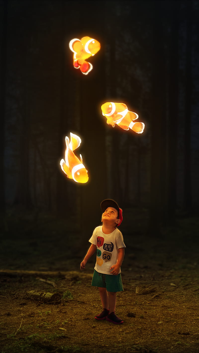 Glow in the woods, boy, dark woods, fantasy, fish, flying fish, glowing animal, glowing fish, happy, kid, HD phone wallpaper