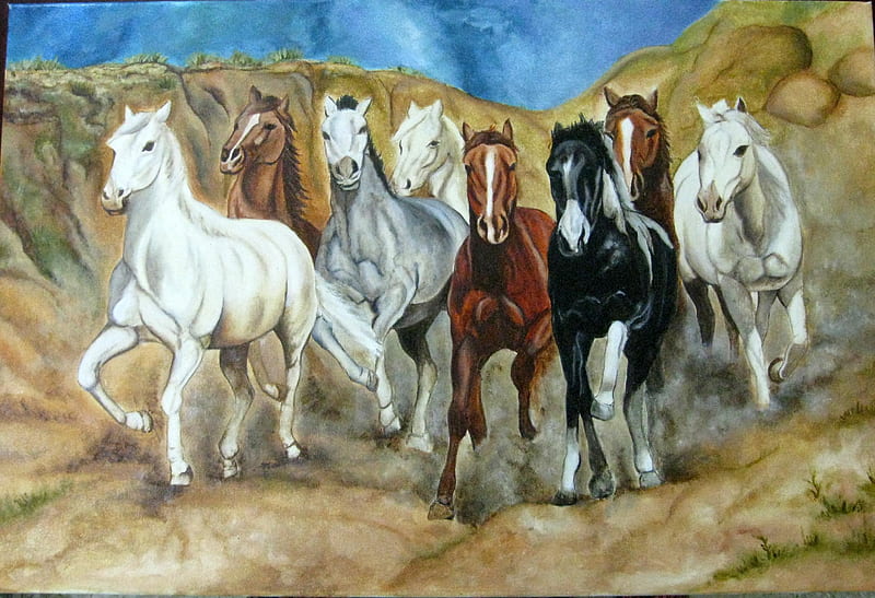 Oilpainting of horses, hills, nature, oilpainting, sky, animals, horses ...