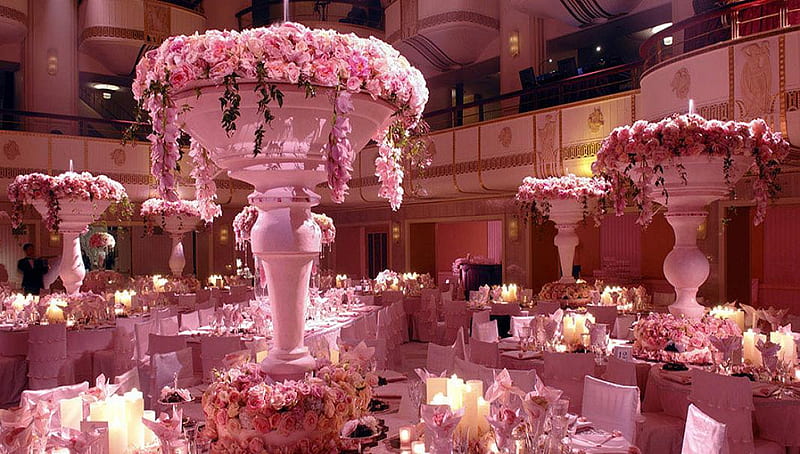 Flowers Wedding Reception., table, flower, arrangement, chair, wedding, reception, HD wallpaper
