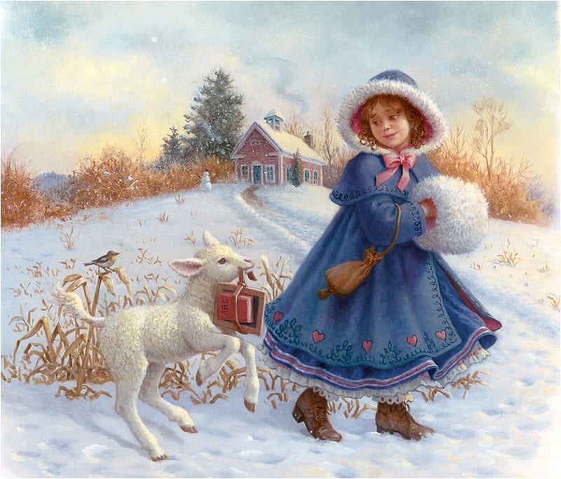 By Ruth Sanderson, art, sheep, girl, snow, ruth sanderson, painting, child, winter, HD wallpaper