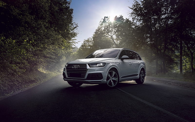 Audi Q7, 2017, luxury SUV, white Q7, German cars, Audi, forest, road, fog, HD wallpaper