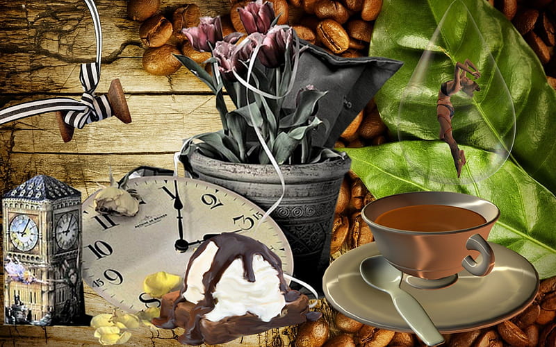 Coffe, leaves, brown, caffe beans, time, HD wallpaper