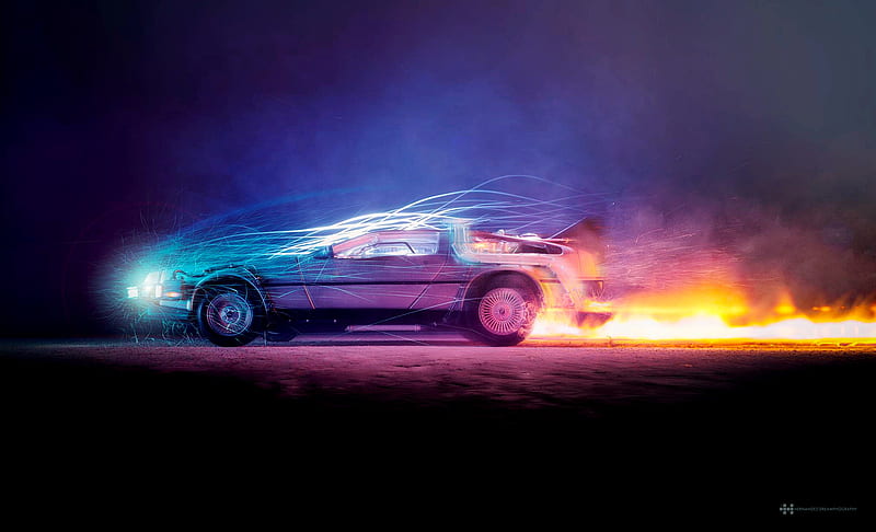 Car Lights Flame Back To The Future, carros, artistic, artwork, digital-art, HD wallpaper