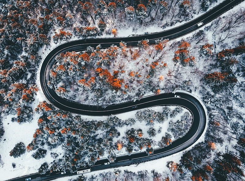 Aerial View Winding Mountain Road, Early Winter Ultra, Nature, Landscape, View, Travel, bonito, Winter, Trees, Mountain, Road, Amazing, graphy, Aerial, Season, Carpathians, Romania, brasov, Drone, windingroad, earlywinter, HD wallpaper