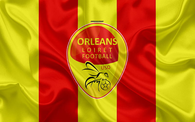 Orleans FC silk texture, logo, red yellow silk flag, French football club, emblem, Ligue 2, Orleans, France, football, US Orleans, HD wallpaper