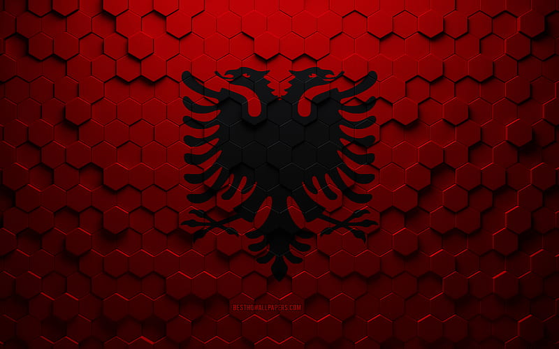 Flag of Albania, honeycomb art, Albania hexagons flag, Albania, 3d hexagons art, Albania flag, HD wallpaper