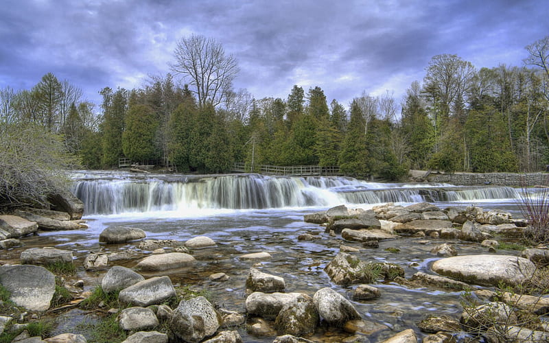 beautiful wide waterfall in a rocky river, forest, rocks, river, boardwalk, falls, HD wallpaper