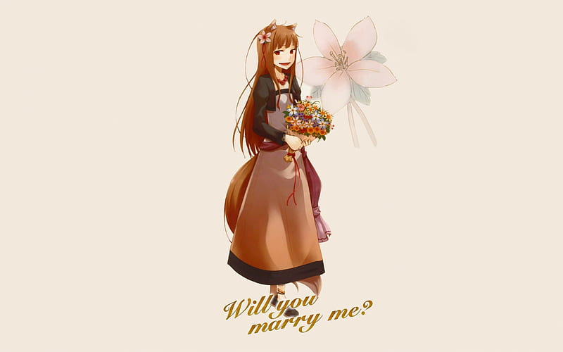 ~Holo The Bride~, colorful, wolfgirl, bride, wedding, bouquet, anime, flowers, holo, spice and wolf, HD wallpaper