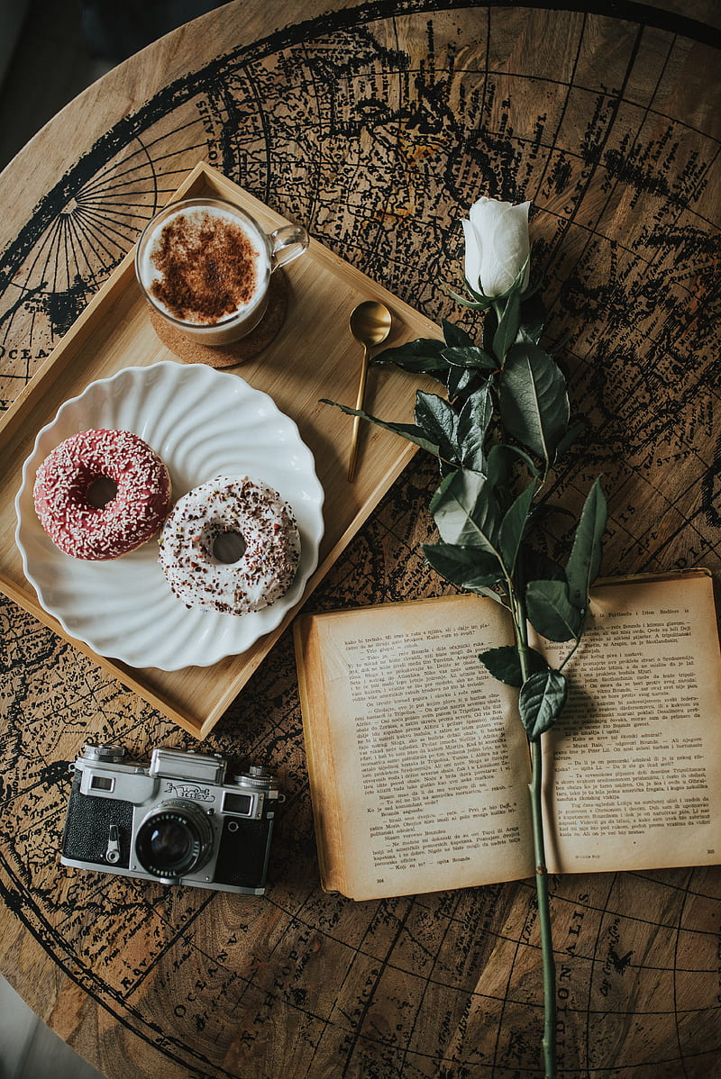 Book, flower, donuts, cup, coffee, camera, HD phone wallpaper | Peakpx