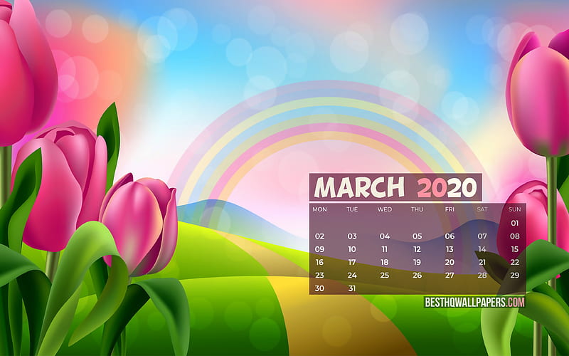 March 2020 Calendar, cartoon spring landscape, 2020 calendar, pink tulips, spring calendars, March 2020, creative, 2020 calendars, March 2020 calendar with tulips, Calendar March 2020, HD wallpaper