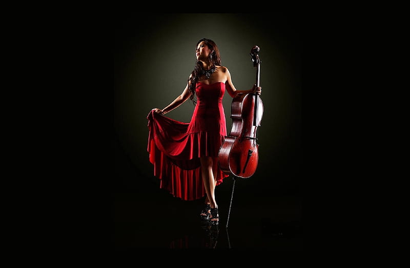 Tina Guo, cello, brunete, red dress, earrings, large pendant, HD wallpaper