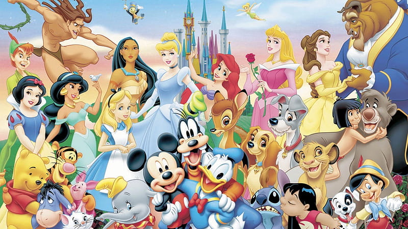 Cartoon, Peter Pan, Lady And The Tramp, Collage, Snow White, Mermaid, Movie, Disney, Ariel (The Little Mermaid), Alice (Alice In Wonderland), Mickey Mouse, Donald Duck, Goofy, Stitch (Lilo & Stitch), Lilo (Lilo & Stitch), Beast (Beauty And The Beast), Jiminy Cricket, Tarzan, Bambi (Character), Mowgli, HD wallpaper