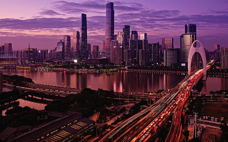 Guangzhou, Pearl River, Guangzhou International Finance Center, CTF Finance Centre, evening, sunset, skyscrapers, modern architecture, China, HD wallpaper