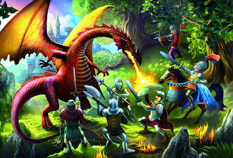 The dragon, art, man, fantasy, battle, dragon, human, fight, HD wallpaper