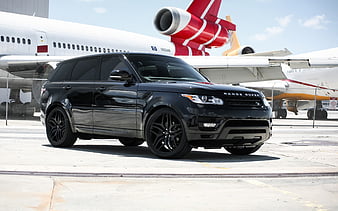 Rover Range Sport, luxury black SUV, tuning, British cars, 2017, airport, passenger plane, Land Rover, HD wallpaper