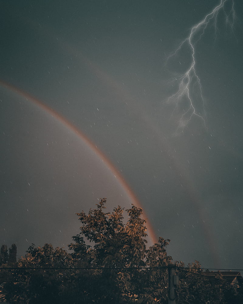 Rainbow and thunder, abstract, absurd weather, lightning, rain, rainbow, thunder, HD phone wallpaper