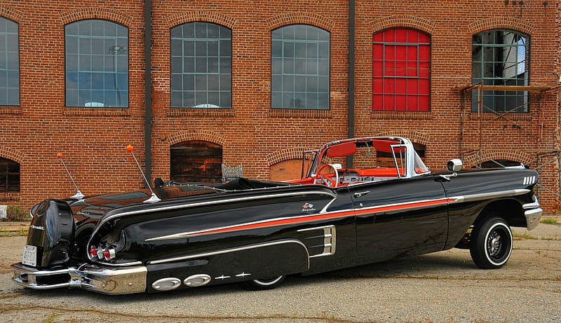 1958-Chevrolet-Impala-Convertible, Classic, Black, GM, Bowtie, HD wallpaper
